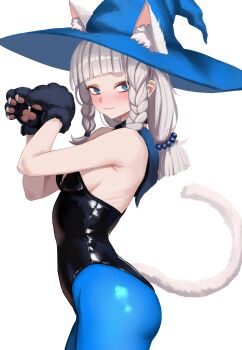 1girl absurdres animal_ears animal_hands armpit_crease bare_shoulders beads black_choker black_leotard blue_eyes blue_hat blue_pantyhose blunt_bangs blush borrowed_character braid breasts cat_ears cat_girl cat_tail choker closed_mouth commentary cowboy_shot ears_through_headwear embarrassed english_commentary extra_ears from_side gloves hair_beads hair_ornament hands_up hat highres leotard livia_(haonfest) long_hair looking_at_viewer looking_to_the_side nontraditional_playboy_bunny original pantyhose paw_gloves simple_background small_breasts smile solo tail tail_raised twin_braids white_background white_hair witch_hat yan_kodiac