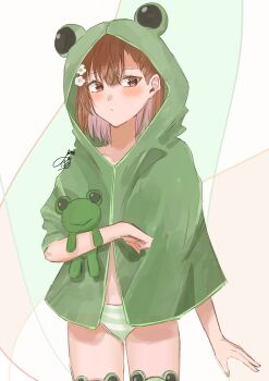 Rule 34 | 1girl, absurdres, animal hood, bikini, bikini under clothes, brown eyes, brown hair, commentary request, cosplay, cowboy shot, frog hood, frog raincoat, gekota, green raincoat, hair ornament, hairclip, hairpin, highres, hood, hood up, misaka mikoto, misaka mikoto: hoodie look gekota, raincoat, short hair, signature, solo, standing, striped bikini, striped clothes, stuffed animal, stuffed frog, stuffed toy, swimsuit, thighhighs, toaru kagaku no railgun, toaru majutsu no index, yato a2