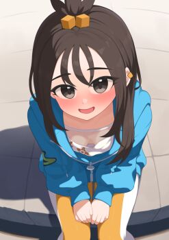 1girl :d black_hair blue_hoodie blush breasts commentary_request cube_hair_ornament downblouse earclip from_above hair_ornament hood hood_down hoodie leggings lida_(pokemon) long_hair long_sleeves looking_at_viewer looking_up murasaki3 nintendo open_mouth pokemon pokemon_legends:_z-a print_shirt shirt sidelocks sitting smile solo topknot