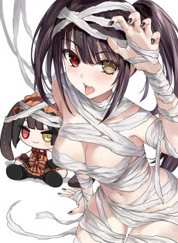 1girl asle bandages black_nails breasts brown_hair cat character_doll claw_pose clock_eyes commentary date_a_live doll fangs heterochromia highres looking_at_viewer naked_bandage navel red_eyes simple_background sitting solo stomach stuffed_toy symbol-only_commentary symbol-shaped_pupils tokisaki_kurumi tongue tongue_out twintails yellow_eyes