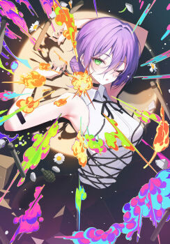1girl arm_up armpits black_ribbon chainsaw_man collared_shirt crying_eye dynamite explosive flower green_eyes grenade grenade_pin hair_bun highres neck_ribbon one_eye_closed purple_hair reze_(chainsaw_man) ribbon shirt sleeveless sleeveless_shirt solo spotlight white_flower white_shirt