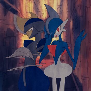 2others alley alternate_color arm_blade bisharp blue_hair blue_helmet building colored_skin crack_of_light crossed_arms evening facing_to_the_side gallade gen_4_pokemon gen_5_pokemon grey_eyes grey_helmet grin hand_in_own_hair hand_on_own_face helmet highres industrial industrial_pipe looking_at_viewer multicolored_skin multiple_others nintendo open_mouth outdoors pokemon pokemon_(creature) pokemon_focus red_eyes shiny_pokemon shoulder_pads side-by-side smile two-tone_helmet two-tone_skin umi-be-to upper_body weapon wide_hips