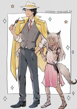 1boy 1girl :q animal_ears black_hair border coat commentary copyright_name food formal_clothes green_eyes grel_(r6hgvu5) grey_border grey_hair grey_pants grey_suit hand_in_pocket hat holding holding_skewer jacket jacket_on_shoulders long_hair meat ochette_(octopath_traveler) octopath_traveler octopath_traveler_ii outside_border pants partitio_yellowil skewer sparkle standing suit tail tongue tongue_out white_background white_hat yellow_coat