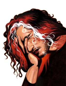 Rule 34 | 1boy, aegyo sal, beard, black hair, brown eyes, commentary, crysbii, english commentary, facial hair, hand on own face, highres, iron lung (movie), looking to the side, male focus, multicolored hair, one eye covered, parted lips, simon (iron lung), solo, streaked hair, upper body, wavy hair, white streaks, wrinkled skin