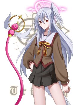 1girl alternate_costume black_skirt blue_archive bow bowtie brown_serafuku commentary_request contrapposto familiar fate/kaleid_liner_prisma_illya fate_(series) feet_out_of_frame frilled_skirt frills hair_between_eyes halo head_wings highres homurabara_academy_school_uniform long_hair long_sleeves looking_at_viewer oekaki_nyagama pink_halo red_bow red_bowtie red_eyes sailor_collar school_uniform serafuku single_head_wing skirt solo suzumi_(blue_archive) suzumi_(magical)_(blue_archive) trinity_general_school_logo very_long_hair wand white_background white_hair white_sailor_collar wings
