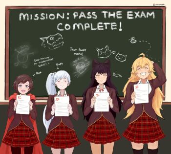 4girls :d ahoge arm_up aroamingkim black_hair black_pantyhose black_thighhighs blake_belladonna blazer blonde_hair bow brown_hair chalkboard closed_eyes closed_mouth english_text grey_eyes grin hair_bow high_side_ponytail highres holding holding_paper jacket long_hair looking_at_viewer multiple_girls open_mouth pantyhose paper plaid_clothes plaid_skirt red_hair red_skirt ruby_rose rwby scar scar_across_eye scar_on_face school_uniform shirt short_hair side_ponytail skirt smile standing test_score thighhighs very_long_hair weiss_schnee white_hair yang_xiao_long yellow_eyes zettai_ryouiki