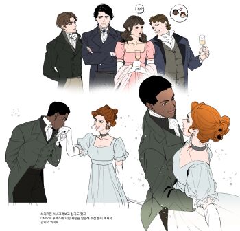 Rule 34 | !?, 2girls, 4boys, :o, alternate universe, animification, arm behind back, black hair, blue coat, breasts, brown hair, choker, cleavage, coat, commentary, crossed arms, cup, dark-skinned male, dark skin, dress, dustin henderson, elbow gloves, eleven (stranger things), glass, gloves, grabbing another's arm, grey choker, grey dress, hetero, highres, holding, holding cup, interracial, kiss, kissing hand, korean text, lucas sinclair, max mayfield, medium breasts, mike wheeler, multiple boys, multiple girls, open mouth, orange hair, pink dress, pzz pls, smile, spoken interrobang, stranger things, translation request, white gloves, will byers, yaoi