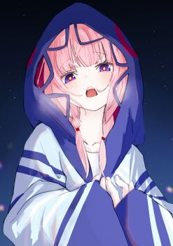 Rule 34 | 1girl, absurdres, blue hoodie, blush, braid, breath, collarbone, commentary, heavy breathing, highres, hood, hood up, hoodie, kaf (kamitsubaki studio), kamitsubaki studio, long hair, long sleeves, looking at viewer, minamo chibame, night, open mouth, pink hair, pink pupils, purple eyes, solo, teeth, twin braids, twintails, upper teeth only, virtual youtuber, yellow pupils