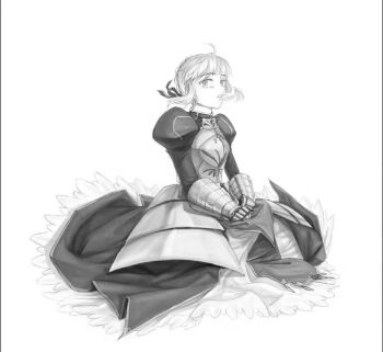 1girl antatica11 armor armored_dress artoria_pendragon_(fate) braid chinese_commentary commentary_request dress fate/stay_night fate_(series) full_body gauntlets greyscale hair_ribbon juliet_sleeves long_dress long_sleeves monochrome puffy_sleeves ribbon saber_(fate) sitting solo