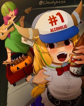 2girls beer_bottle beer_hat blonde_hair blush bocchi_the_rock! braid closed_eyes cloudykeyz commentary crossover dress fang geta green_dress guitar halloween halloween_bucket halloween_costume hat highres hiroi_kikuri horns ibuki_suika instrument long_hair multiple_girls oni open_mouth pink_hair playing_guitar playing_instrument pulling red_eyes sandals shirt sleeveless sleeveless_shirt smile spongebob_squarepants_(series) touhou twitter_username wagon watermark white_shirt wrist_cuffs