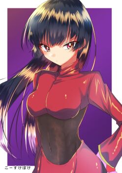 1girl black_hair blunt_bangs bodysuit bodysuit_under_clothes breasts commentary_request cropped_jacket floating_hair gloves hand_on_own_hip jacket kousuke_(ko_suke) long_hair long_sleeves medium_breasts nintendo pencil_skirt pokemon pokemon_frlg red_eyes sabrina_(pokemon) side_slit skirt solo straight_hair tsurime turtleneck turtleneck_jacket upper_body v-shaped_eyebrows white_gloves