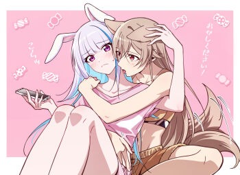 2girls absurdres animal_ears between_legs blue_streaks blush brown_hair brown_shorts candy cellphone closed_mouth commentary dog_girl dog_tail food furen_e_lustario hand_on_another&#039;s_head highres holding holding_phone hug hug_from_behind kemonomimi_mode kougi_hiroshi licking licking_another&#039;s_neck lize_helesta long_hair multiple_girls nijisanji phone pink_background pink_shirt pink_shorts purple_eyes purple_hair rabbit_ears red_eyes shirt shorts sitting smartphone sweat symbol-only_commentary tail tail_wagging translation_request yuri