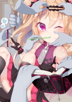 1girl absurdres akatsuki_uni bare_shoulders black_dress black_footwear black_gloves blush book boots brushing_teeth cellphone closed_mouth disembodied_hand dress gloves hair_between_eyes hair_brush hair_ornament hairclip hand_on_another's_cheek hand_on_another's_face highres holding holding_book holding_brush holding_phone holding_toothbrush index_finger_raised knee_boots long_hair one_eye_closed open_book p_answer partially_fingerless_gloves phone purple_eyes sleeveless sleeveless_dress smartphone solo_focus toothbrush twitter two_side_up uni_create very_long_hair virtual_youtuber