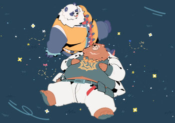 2boys absurdres animal_ears bear_boy bear_ears belly ben_bigger black_fur black_pants black_tank_top bracelet brown_fur chinese_clothes closed_mouth commentary fat furry furry_male highres jacket jewelry looking_at_another lying male_focus multicolored_fur multiple_boys on_back open_mouth pan_yinhu panda_boy panda_ears pants pawpads plump quanjiang round_eyewear scar scar_across_eye scar_on_face shirt sitting smile spiked_bracelet spikes symbol-only_commentary tank_top white_fur white_jacket white_pants yellow_shirt zenless_zone_zero