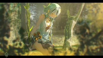 1girl absurdres artist_logo bare_shoulders braid breasts camellya_(wuthering_waves) chromatic_aberration closed_eyes closed_mouth commentary commentary_request dress english_commentary highres lady_flora_(wuthering_waves) letterboxed logo long_hair low-braided_long_hair low-tied_long_hair medium_breasts mixed-language_commentary on_swing quragenomiken sitting smile solo swing white_dress wuthering_waves