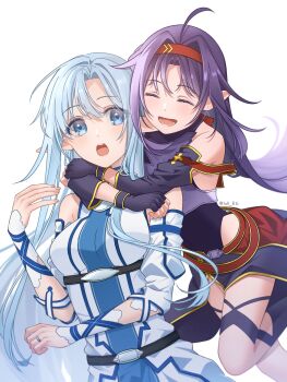 2girls :o ahoge asuna_(sao) asuna_(sao-alo) blue_eyes blue_hair commentary detached_sleeves dress fingerless_gloves gloves hairband highres hug hug_from_behind long_hair long_sleeves lull_86 multiple_girls pointy_ears purple_gloves purple_hair red_hairband sword_art_online symbol-only_commentary twitter_username very_long_hair white_background yuri yuuki_(sao)
