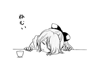 1girl bow closed_eyes commentary_request cup greyscale hair_bow hood hoodie kiritani_(marginal) long_hair monochrome open_mouth sleeping solo touhou translation_request yorigami_shion