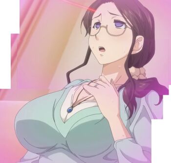 blank_eyes breasts brown_hair bunnywalker cleavage empty_eyes glasses highres huge_breasts jewelry kyonyuu_kazoku_saimin laser_pointer long_hair mamiya_mifuyu mature_female mind_control necklace ponytail purple_eyes ring stitched t-rex_(animation_studio) third-party_edit wedding_ring