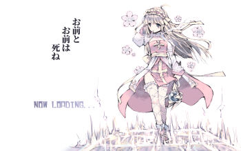 Rule 34 | 1girl, arch bishop (ragnarok online), blush, breasts, cleavage cutout, closed mouth, clothing cutout, commentary request, cross, dress, fishnet thighhighs, fishnets, flower, frilled hairband, frills, full body, ganges gawa, hairband, highres, holding, holding staff, long hair, looking at viewer, pink dress, pink flower, pink hairband, ragnarok online, sash, simple background, small breasts, solo, staff, standing, thighhighs, translation request, two-tone dress, white background, white dress, white thighhighs, yellow sash