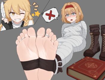 Rule 34 | alice margatroid, barefoot, boots, cut-in, highres, jager, kirisame marisa, mummification (bound), simple background, soles, stirrup legwear, toeless legwear, toes, touhou, unworn boots