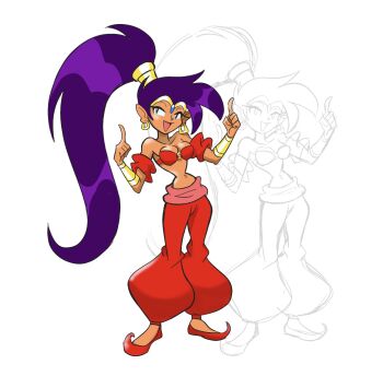 1girl baggy_pants bracelet breasts cleavage dark-skinned_female dark_skin earrings gold_bracelet gold_tiara high_ponytail highres hoop_earrings jewelry medium_breasts mkmaffo pants pointy_ears pointy_shoes ponytail purple_hair red_pants red_shoes shantae shantae_(2002_game) shantae_(series) shoes simple_background sketch solo tiara white_background