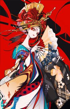 Rule 34 | 1girl, black background, blonde hair, colored skin, commentary, cowboy shot, eyeliner, fingernails, floral print, floral print kimono, flower, folding fan, hair ornament, hair stick, hand fan, head tilt, highres, japanese clothes, kimono, long fingernails, long neck, long sleeves, looking at viewer, makeup, masadaora, nihongami, oiran, orange eyes, original, parted lips, print kimono, red background, red eyeliner, red flower, red lips, red nails, red rose, rose, simple background, solo, two-tone background, white skin