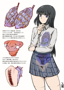 absurdres android artificial_breasts artificial_vagina artist_name bar_censor black_hair blue_eyes breasts censored collared_shirt commentary_request dress_shirt fat00x1 highres long_sleeves mechabare nipples organs original plaid_clothes plaid_skirt pussy robot_girl sex_toy shirt skirt tareme translation_request uterus white_background white_shirt x-ray