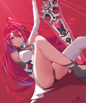 Rule 34 | 1girl, :3, absurdres, ahoge, black panties, black shoes, blue fire, blue hair, breasts, closed mouth, colored inner hair, commentary, detached sleeves, dress, elizabeth rose bloodflame, elizabeth rose bloodflame (1st costume), fire, fire on chest, greatsword, halter dress, halterneck, high heels, highres, holding, holding sword, holding weapon, hololive, hololive english, huge ahoge, large breasts, long hair, looking at viewer, multicolored hair, panties, pantyshot, planted, planted sword, planted weapon, red background, red eyes, red hair, shoes, simple background, single thighhigh, sitting, sleeveless, sleeveless dress, solo, sword, thighhighs, thorn (elizabeth rose bloodflame), underwear, very long hair, virtual youtuber, weapon, white dress, white thighhighs, zambonito