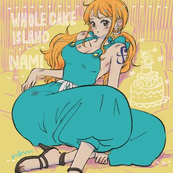 Rule 34 | 1girl, baggy pants, bangle, bare shoulders, blue overalls, blue pants, bracelet, breasts, bruise, bruise on face, bruise on shoulder, cake, character name, cleavage, closed mouth, collarbone, commentary request, earrings, feet, food, foot out of frame, high heel sandals, high heels, highres, injury, jewelry, large breasts, long hair, looking at viewer, low twintails, nami (one piece), nem edogawa, official alternate costume, official alternate hairstyle, one piece, orange hair, overalls, pants, pearl earrings, sandals, shoulder tattoo, sidelocks, signature, sitting, solo, star (symbol), tattoo, toes, twintails, wavy hair, yellow background, yokozuwari