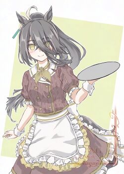 1girl absurdres ahoge animal_ears apron black_hair blush breasts brown_shirt brown_skirt closed_mouth coco's commentary_request ear_tag earrings gentiano815 hair_between_eyes highres holding holding_tray horse_ears horse_girl horse_tail jewelry long_bangs long_hair long_hair_between_eyes looking_at_viewer manhattan_cafe_(umamusume) multicolored_hair neckerchief ponytail shirt single_earring skirt small_breasts smile solo tail tray umamusume very_long_hair waist_apron white_apron white_hair white_wrist_cuffs wrist_cuffs yellow_eyes