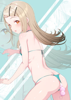 1girl anal anal_beads anal_object_insertion ass back bare_arms bare_shoulders bikini bikini_bottom_aside blonde_hair blue_bikini blush breasts clothing_aside commentary_request cowboy_shot from_behind from_side gakuen_idolmaster hair_ornament hairclip highres hip_bones idolmaster interstellar long_hair looking_at_viewer looking_to_the_side micro_bikini o-ring o-ring_bikini object_insertion open_mouth orange_eyes profile sex_toy shinosawa_hiro small_breasts smile solo swimsuit tareme zoom_layer
