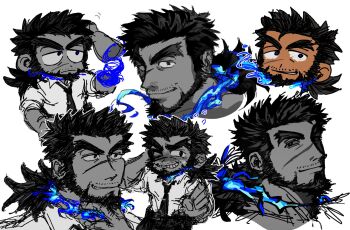 Rule 34 | 1boy, bara, beard, black hair, blue fire, chibi, chibi inset, chinstrap beard, commentary, cropped head, dark-skinned male, dark skin, disembodied arm, embarrassed, english commentary, facial hair, facial scar, fire, forked eyebrows, highres, light smile, looking ahead, looking at viewer, male focus, mature male, mestses, multiple expressions, multiple views, mustache stubble, partially colored, sandayu (housamo), scar, scar on cheek, scar on face, scratching head, sketch, smirk, stubble, thick eyebrows, tokyo houkago summoners, turnaround