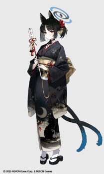 1girl absurdres animal_ears black_eyes black_kimono blue_archive blue_halo cat_ears cat_girl cat_tail colored_inner_animal_ears flower freng full_body gradient_tail hair_flower hair_ornament halo highres japanese_clothes kikyou_(blue_archive) kimono long_sleeves multiple_tails obi off_shoulder official_alternate_costume okobo platform_sandals red_flower sandals sash sidelocks simple_background solo tail two_tails white_background wide_sleeves