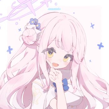 1girl :d artist_name blue_archive blue_bow blue_bowtie blush bow bowtie breasts capelet commentary_request crescent dress hair_bun hair_ornament hair_scrunchie halo long_hair looking_at_viewer mika_(blue_archive) open_mouth partial_commentary pink_hair pink_halo scrunchie side_up_bun smile solo suwasui tongue white_background white_capelet white_dress white_scrunchie yellow_eyes