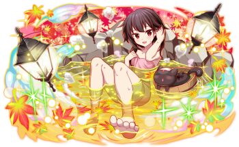 2girls anime_coloring artist_request autumn bare_arms bare_legs bare_shoulders barefoot bat_wings bathing black_cat black_hair black_tail blush breasts bucket buckle cat chomusuke closed_eyes collarbone crash_fever cross familiar foreshortening full_body game_cg hand_in_own_hair in_bucket in_container kono_subarashii_sekai_ni_shukufuku_wo! lantern leaf_on_liquid legs_apart light_particles looking_at_viewer medium_hair megumin multiple_girls naked_towel number_tattoo numbered official_art onsen open_mouth outline partially_submerged red_eyes red_outline rock sitting small_breasts smoke soles solo_focus sparkle square square_tattoo sweat sweatdrop tachi-e tail_tattoo tattoo third-party_source toenails tongue towel towel_hold transparent_background triangle_mouth water wings