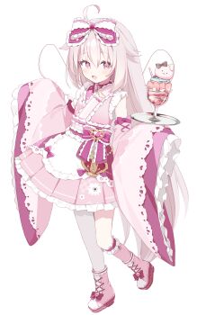 Rule 34 | 1girl, :d, absurdres, ahoge, asymmetrical legwear, bare shoulders, blush, boots, bow, commentary request, cup, detached sleeves, dot nose, drinking glass, drinking straw, footwear bow, frilled kimono, frilled sleeves, frilled socks, frills, full body, hair between eyes, hair bow, highres, holding, holding tray, japanese clothes, kimono, kneehighs, lace-up boots, long hair, long sleeves, looking at viewer, mint chocolate, mismatched legwear, obi, open mouth, original, pantyhose, pink boots, pink bow, pink eyes, pink hair, pink kimono, pink sleeves, pink socks, purple sash, sash, sidelocks, simple background, single kneehigh, single leg pantyhose, single sock, sleeveless, sleeveless kimono, sleeves past fingers, sleeves past wrists, smile, socks, solo, standing, standing on one leg, tray, uneven legwear, urotsuki (ku9625), white background, white pantyhose