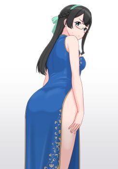 1girl black_hair blue_hairband braid breasts china_dress chinese_clothes dress feet_out_of_frame from_behind geometrie glasses gradient_background green_eyes hairband half_up_braid highres kantai_collection looking_at_viewer looking_back ooyodo_(kancolle) small_breasts solo white_background