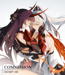 Rule 34 | 2girls, bare shoulders, black gloves, closed eyes, closed mouth, commentary, commission, english commentary, english text, gloves, grey background, hands on another&#039;s back, hands on another&#039;s face, highres, honkai (series), honkai impact 3rd, horns, hug, kiana kaslana, long hair, looking at another, multiple girls, ponytail, purple eyes, purple hair, raiden mei, simple background, smile, tearing up, tears, upper body, white hair, ylceon, yuri