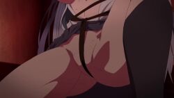 1girl animated anime_screenshot arms_behind_head arms_up ass blush bound bound_arms bound_leg breasts cleft_of_venus convenient_censoring entangled gluteal_fold gradient_hair haite_kudasai_takamine-san jacket large_breasts linea_alba long_hair multicolored_hair nipples no_bra no_panties open_clothes open_jacket open_shirt panties pleated_skirt purple_hair red_eyes school_uniform shirt silk skirt sound spider_web spread_legs sweat tagme takamine_takane thick_thighs thighs two-tone_hair underwear video white_shirt