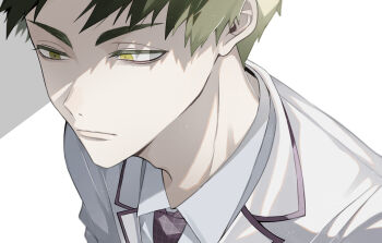 Rule 34 | 1boy, adam's apple, closed mouth, commentary request, dress shirt, green eyes, green hair, haikyuu!!, highres, jacket, lapels, male focus, necktie, nemuideshooo, purple necktie, school uniform, shiratorizawa academy school uniform, shirt, short hair, solo, suit jacket, ushijima wakatoshi, white jacket