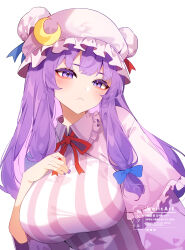 Rule 34 | 1girl, absurdres, artist name, blush, bow, breasts, capelet, commentary, crescent, crescent hat ornament, fingernails, frown, hair bow, hat, hat ornament, highres, large breasts, long hair, looking at viewer, mob cap, nail polish, neck ribbon, patchouli knowledge, pink capelet, ribbon, shirt, sidelocks, simple background, solo, striped clothes, striped shirt, touhou, twitter username, upper body, vertical-striped clothes, vertical-striped shirt, very long hair, weiicart, white background