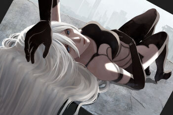 Rule 34 | 1girl, a2 (nier:automata), android, blue eyes, commentary, grey hair, hair between eyes, highres, long hair, looking at viewer, mitsuki nite, mole, mole under mouth, nier:automata, nier (series), parted lips, pink lips, simple background, solo, upper body, white background