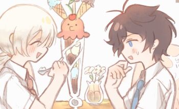 2boys :d akinashi_haru black_hair blue_necktie blush bouquet collared_shirt dessert eating flower food from_side ice_cream_cone male_focus multiple_boys necktie open_mouth parfait red_necktie saihate_eki shirt short_hair short_sleeves smile squ15 sweat tatsunami_shion vase white_hair white_shirt
