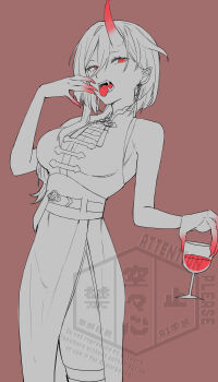 1girl absurdres armlet black_dress braid braided_ponytail breasts china_dress chinese_clothes dress earrings endless_knot hair_between_eyes highres hololive horns jewelry karakr_shin large_breasts long_hair long_hair_between_eyes looking_at_viewer open_mouth simple_background sleeveless sleeveless_dress solo takane_lui takane_lui_(china_dress) tassel tassel_earrings thigh_strap tongue tongue_out virtual_youtuber