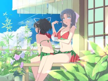1girl 2girls :o architecture armpit_crease asuka_(senran_kagura) back bare_shoulders bikini black_hair blue_eyes blue_flower blue_sky blush bow bowl breasts brown_eyes city cityscape cleavage collarbone contrail curtains day east_asian_architecture eating flower flower_pot food food_print from_behind fruit fruit_print garden green_bikini green_sarong grey_hair hair_bow hair_ribbon holding holding_bowl holding_food holding_spoon japanese_clothes kimono large_breasts lattice lens_flare light_particles light_rays linea_alba looking_at_viewer looking_back median_furrow medium_hair multicolored_bikini multiple_girls navel official_alternate_costume official_art open_mouth outdoors pink_flower plant ponytail porch print_sarong purple_flower red_bikini red_scarf ribbon rock sarong scarf senran_kagura senran_kagura_new_link senran_kagura_shinovi_versus senran_kagura_shoujo-tachi_no_shin'ei shade shaved_ice shiny_skin short_hair short_ponytail sitting sky smile spoon striped_bow sunbeam sunlight sweat swimsuit two-tone_bikini watermelon watermelon_print watermelon_slice watermelon_slice_print white_bow white_kimono white_ribbon wooden_porch yumi_(senran_kagura)