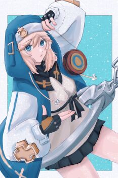 Rule 34 | 1boy, androgyne symbol, androgynous, blonde hair, blue eyes, bridget (guilty gear), cuffs, eyelashes, fingerless gloves, gloves, guilty gear, guilty gear strive, highres, konyako brid, medium hair, miniskirt, parted lips, plus sign, shackles, skirt, yo-yo