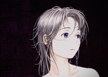 1girl absurdres alternate_hairstyle asymmetrical_bangs bare_shoulders bbmasa black_background black_hair blue_eyes closed_mouth collarbone commentary_request earrings hibike!_euphonium highres jewelry kasaki_nozomi liz_to_aoi_tori long_hair looking_to_the_side portrait solo traditional_media