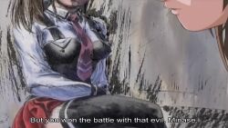 1boy 1girl angry animated ass bent_over bible_black breasts brown_hair crossed_legs green_eyes hands_on_own_hips highres imari_kurumi large_breasts leaning_forward legs minase_taki modeling open_mouth painting_(medium) panties pantyshot pink_panties running scared school_uniform short_hair side_ponytail sitting skirt smile sound tagme thighs traditional_media underwear video walking