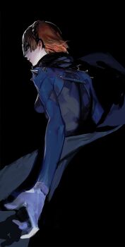 10s 1girl black_background blue_jacket braid breasts brown_hair club3 crown_braid female_focus from_behind gloves highres jacket long_sleeves looking_at_viewer looking_back mask medium_breasts niijima_makoto parted_lips persona persona_5 queen_(persona_5) red_eyes rr_(suisse200) short_hair simple_background solo spikes white_gloves