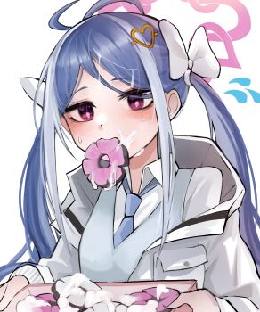 Rule 34 | 1girl, absurdres, antenna hair, blue archive, blue hair, blue necktie, blush, bow, collared shirt, commentary, cum, cum on body, cum on food, cum on hair, donut, eyelashes, facial, flying sweatdrops, food, food in mouth, fubuki (blue archive), grey hair, hair bow, hair ornament, halo, heart, heart hair ornament, highres, jacket, ka keo, korean commentary, long hair, looking at viewer, multicolored hair, necktie, no headwear, open clothes, open jacket, parted bangs, pink halo, red eyes, shirt, simple background, solo, sweat, tsurime, twintails, two-tone hair, upper body, very long hair, white background, white jacket, white shirt